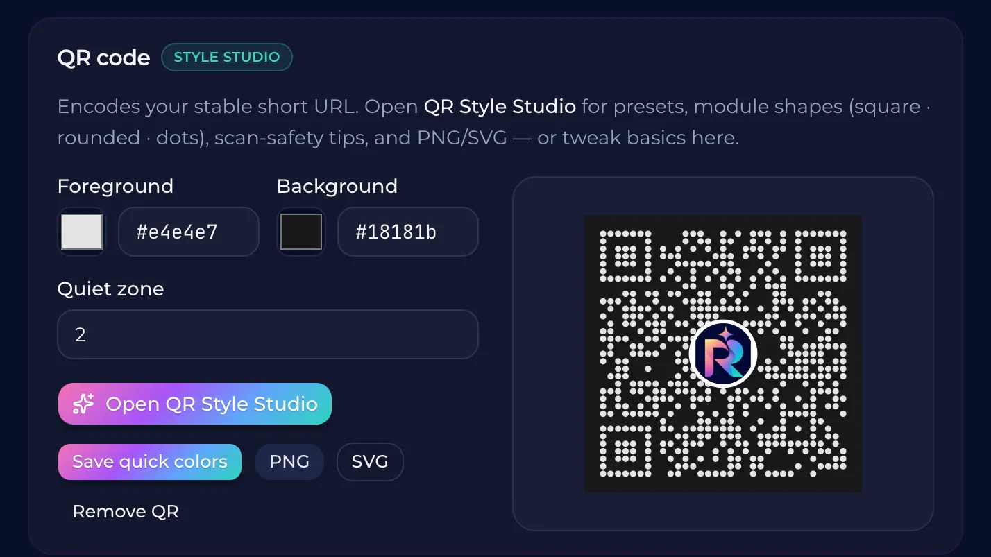 Manage a QURL short link asset, destination, and QR code.