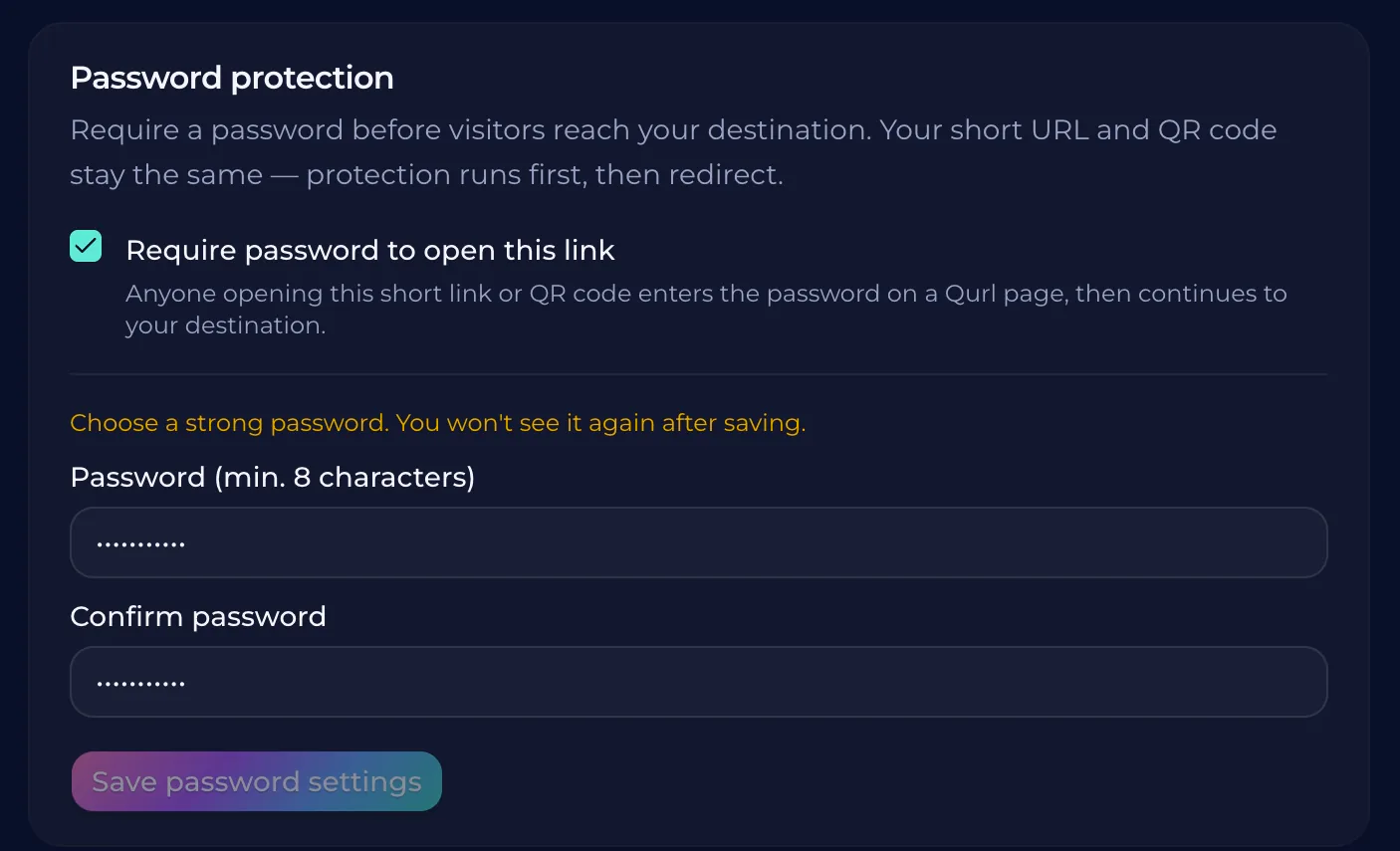 Manage a QURL short link asset, destination, and QR code.