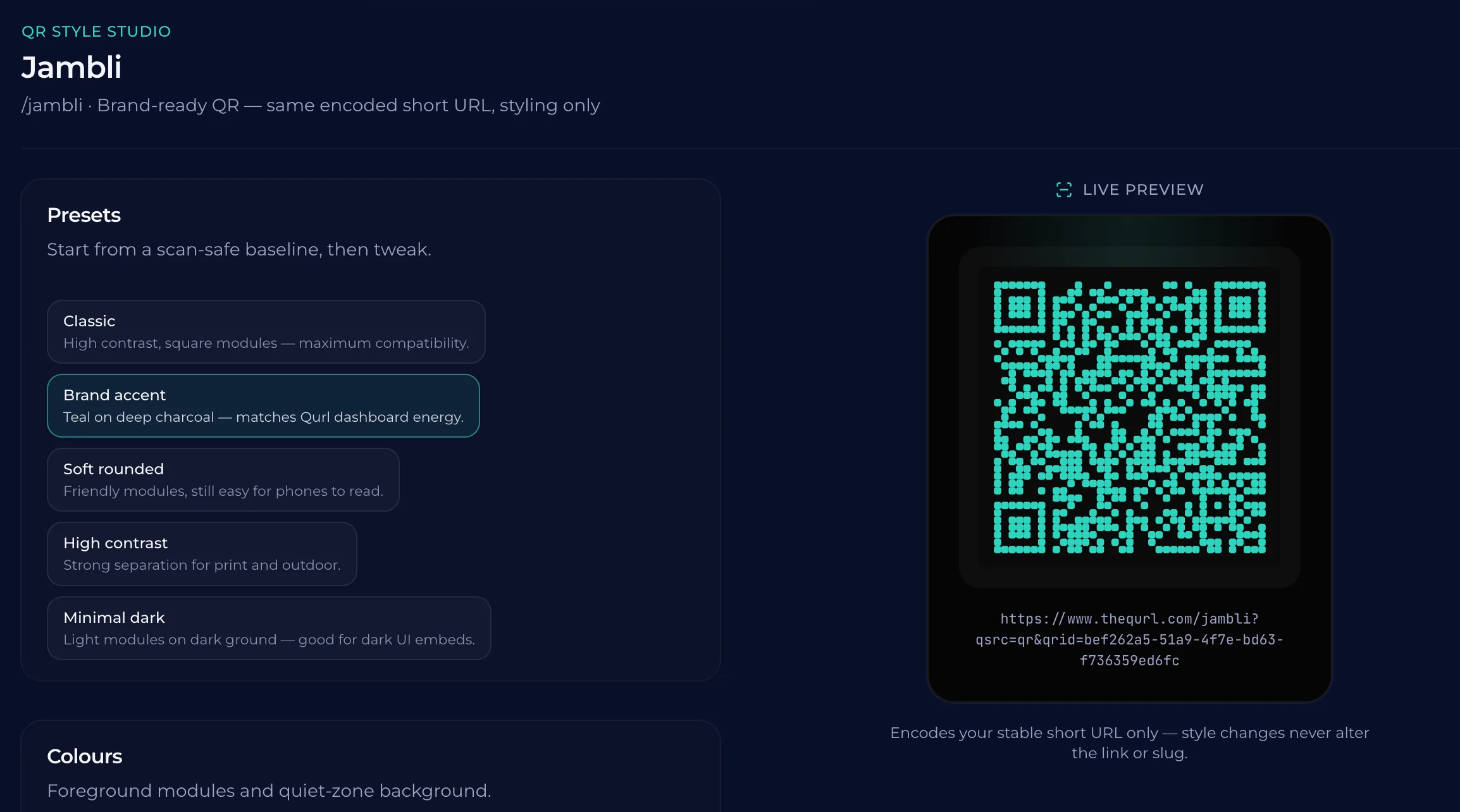 Customise QR appearance with brand colours, frames, and logo placement.
